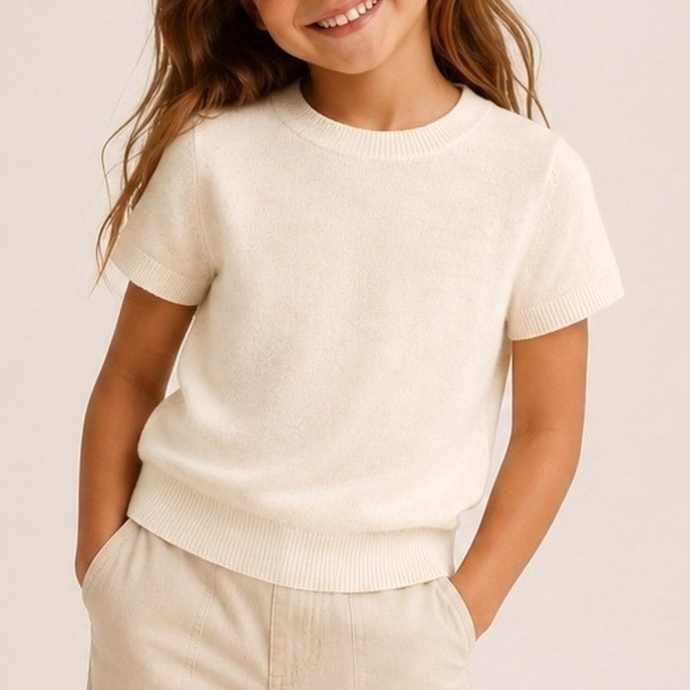 Quince Sweater Short Sleeve 100% Mongolian Cashmere Cozy Ivory Girls Small FLAW